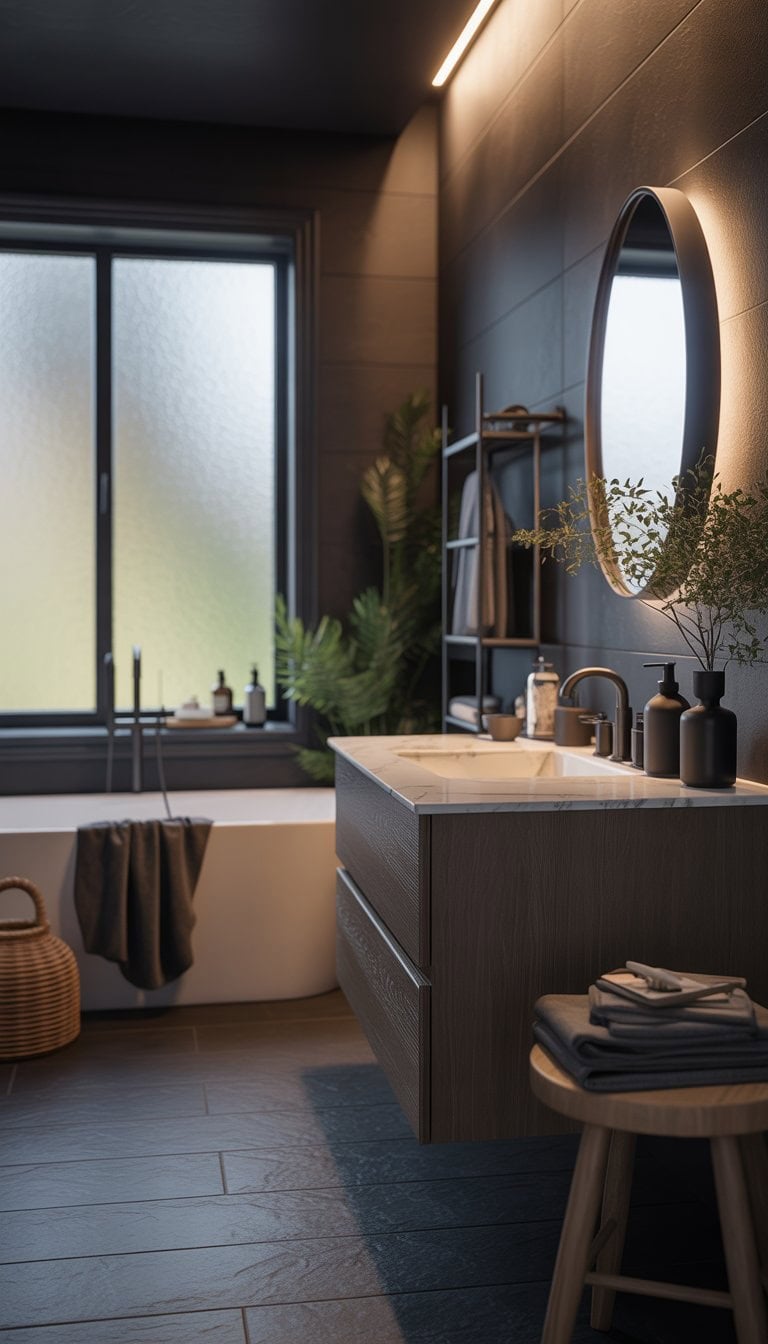 A bathroom with a freestanding bathtub, dark walls, a vanity with a round mirror, and warm lighting creating a cozy atmosphere.