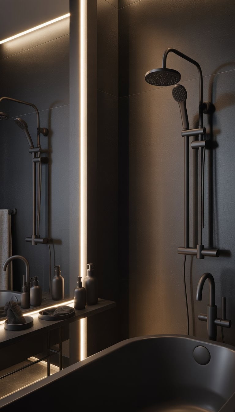 A modern bathroom with matte black fixtures, a freestanding bathtub, a large mirror, and dark walls creating a calm and elegant atmosphere.