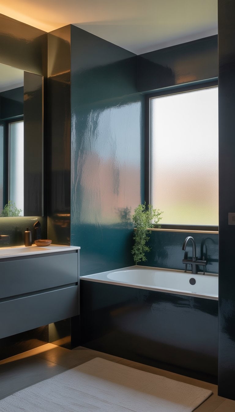 A bathroom with deep charcoal walls, a freestanding bathtub, floating vanity, mirror, and a small potted plant near the tub.
