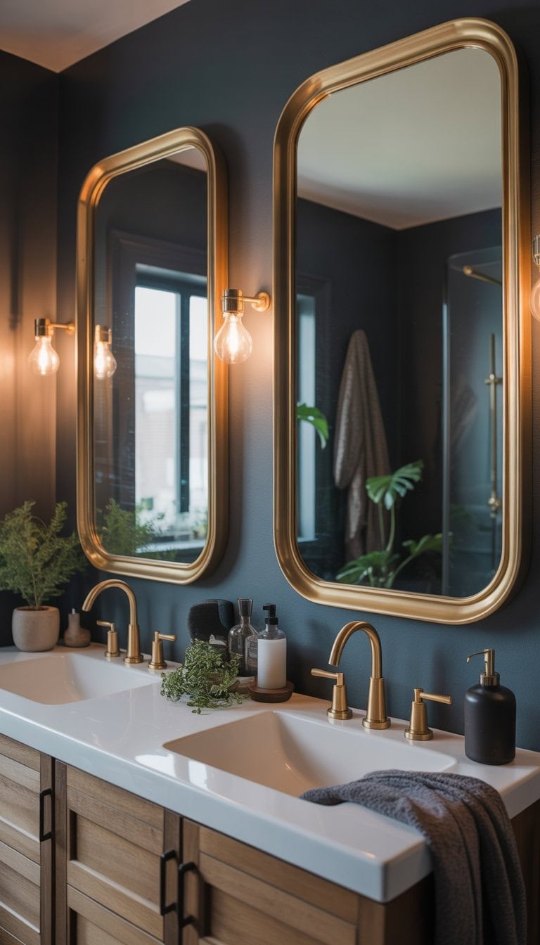A bathroom with large brass-framed mirrors above a vanity, warm lighting, dark walls, and decorative plants.