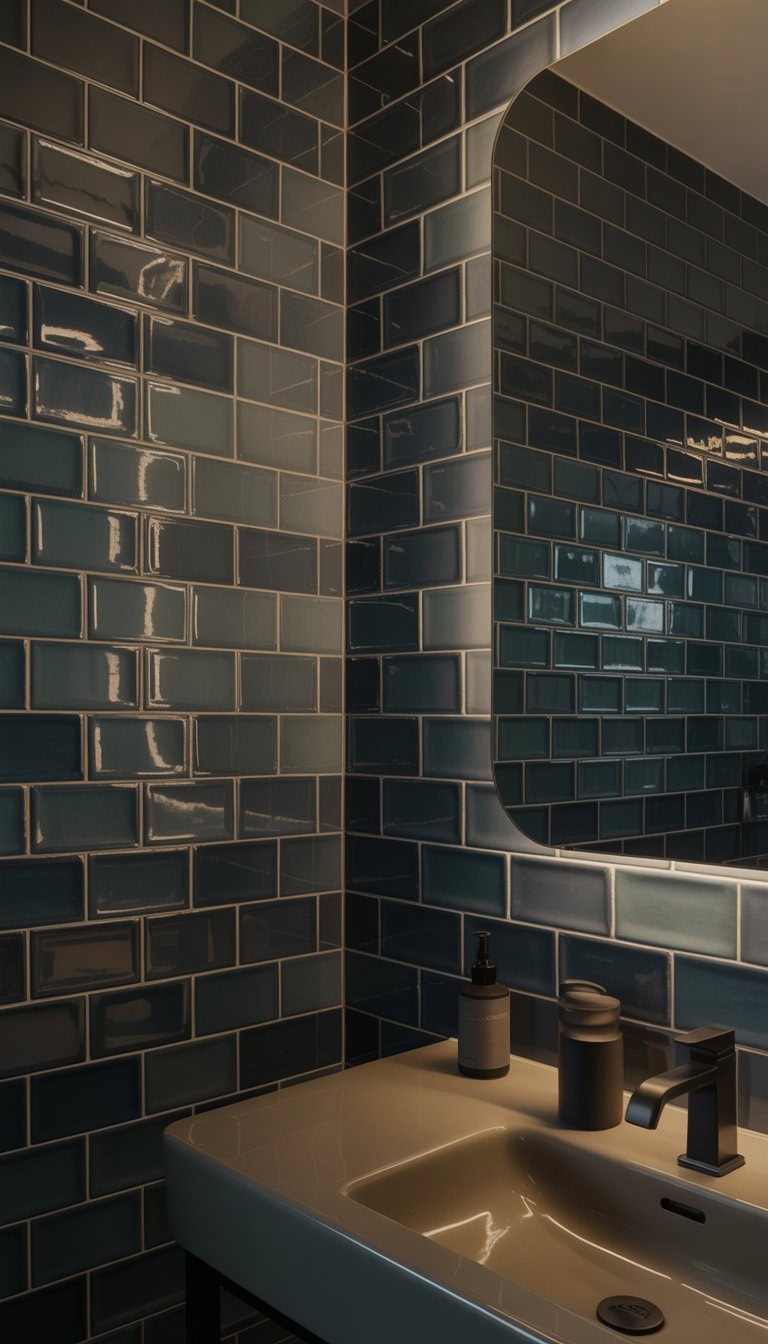 A bathroom with dark glossy subway tiles on the walls, a sink, mirror, and modern fixtures under soft lighting.