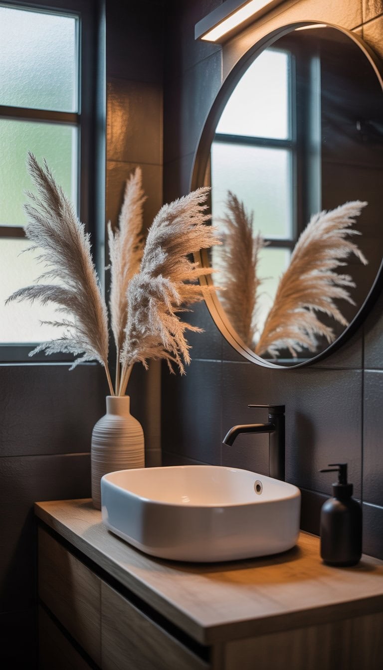 A bathroom with dark walls, a round mirror, a white sink, and pampas grass in a vase near the sink.