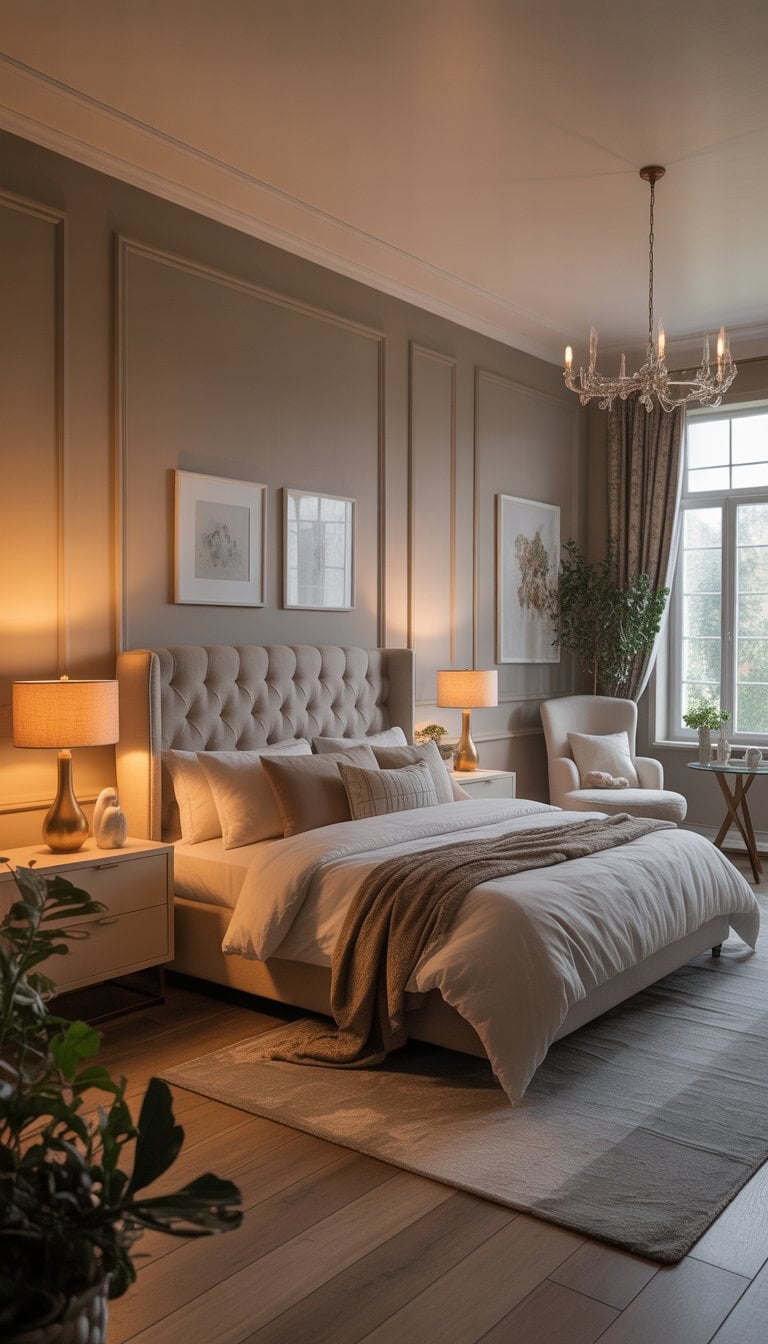 A spacious master bedroom with a large bed, bedside tables with lamps, a comfortable chair near a window, indoor plants, and elegant decor.