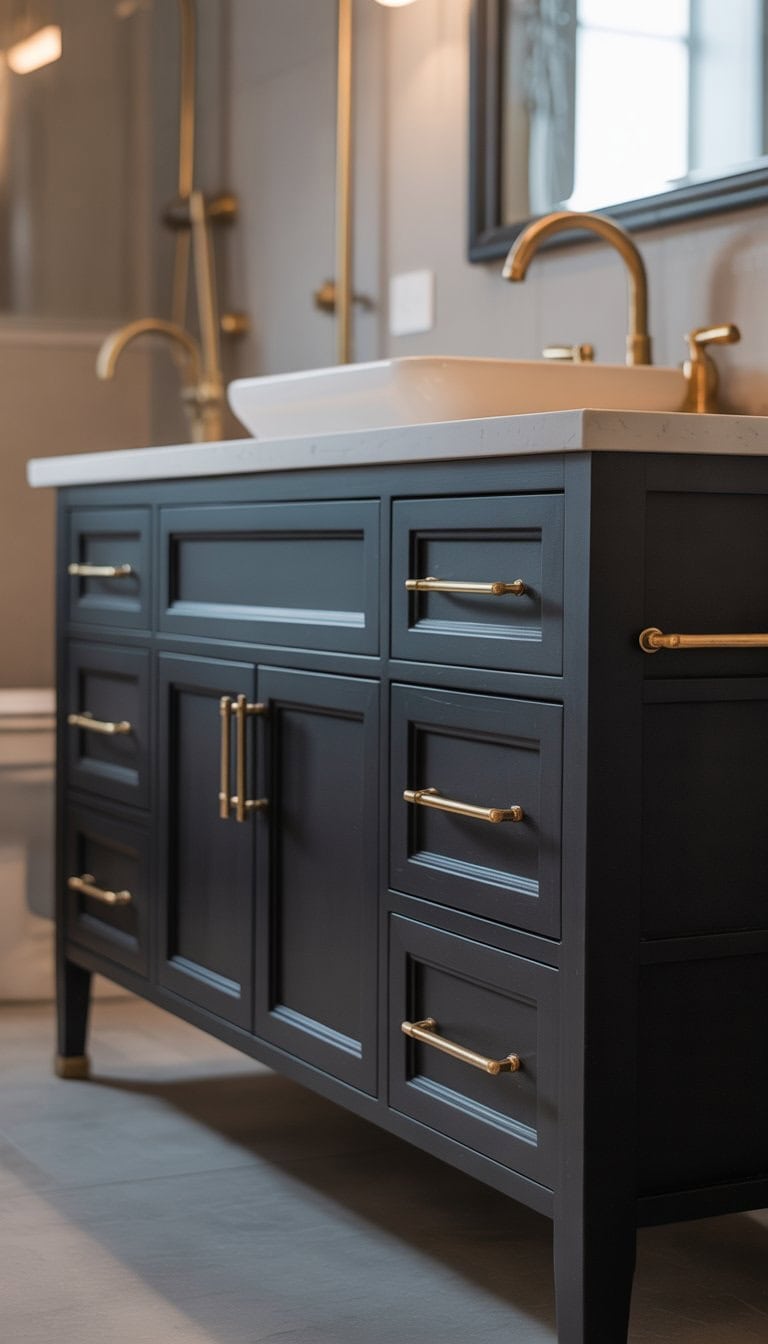A bathroom with a black vanity base featuring brass handles and a light countertop with a vessel sink.