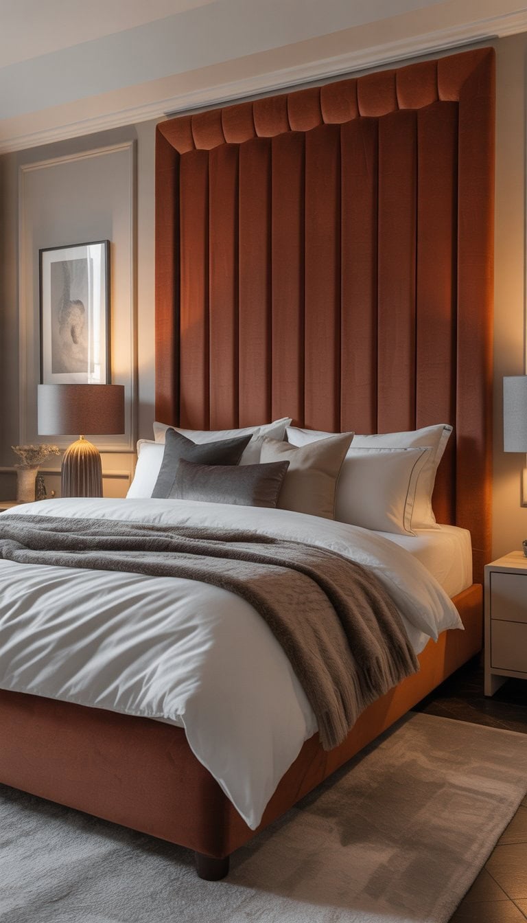 A master bedroom with a velvet upholstered headboard, a neatly made bed, bedside tables with lamps, and soft ambient lighting.
