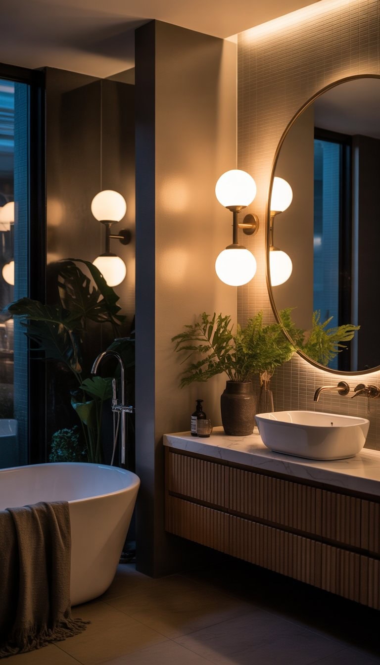 A bathroom with warm wall sconces casting soft light over a bathtub and vanity, creating a cozy and inviting atmosphere.