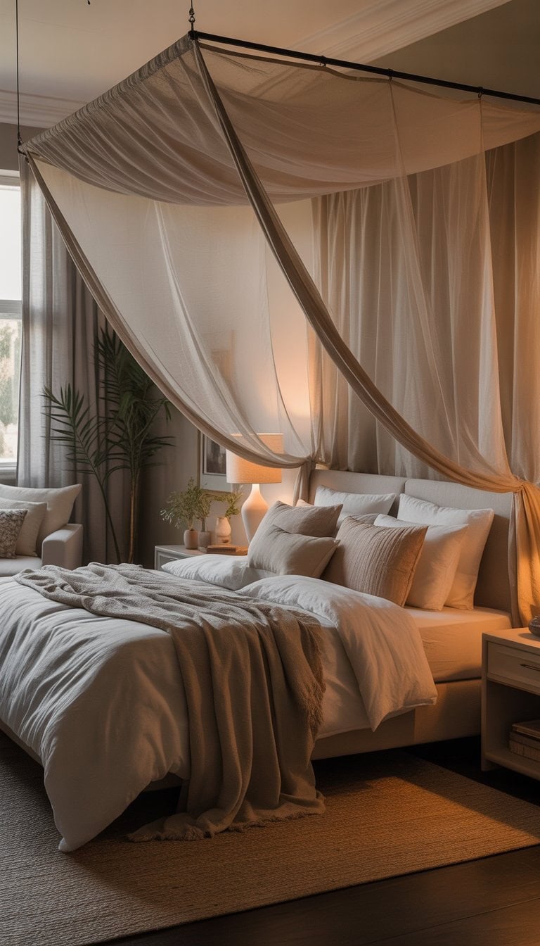 A master bedroom with a large bed covered by a sheer canopy, soft pillows, and warm natural light coming through windows.
