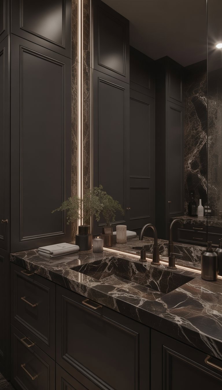 A bathroom with marble countertops, dark cabinets, a sink, a large mirror, and soft lighting.