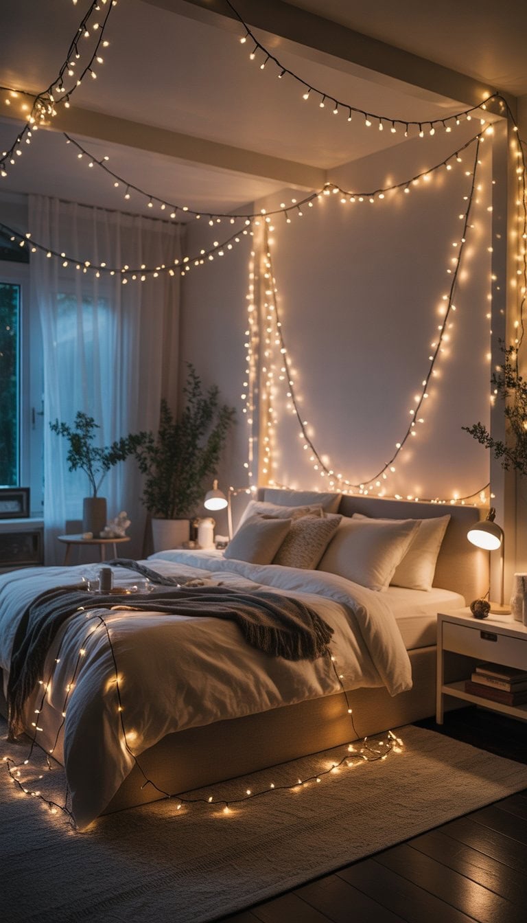 A master bedroom softly lit by warm fairy string lights draped around the bed and walls, with cozy bedding and plants creating a peaceful atmosphere.