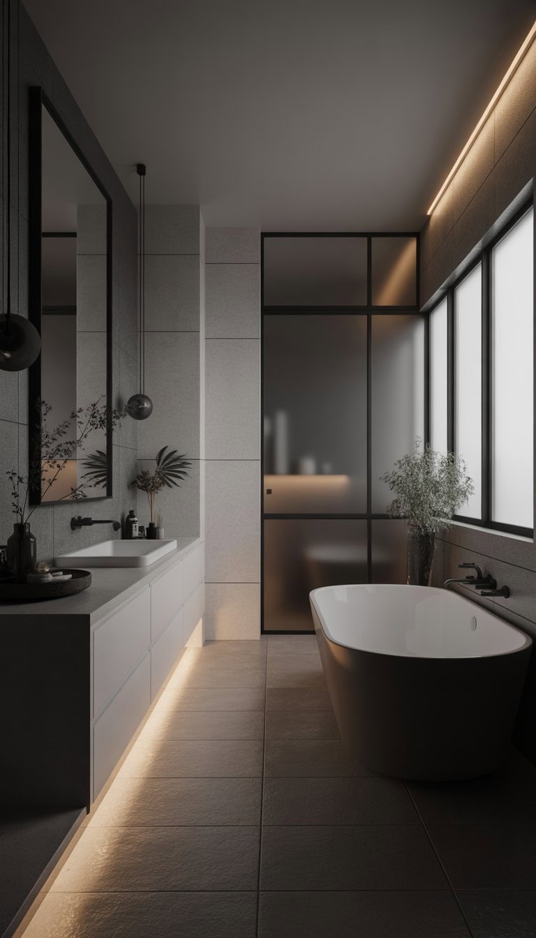 A modern bathroom with a freestanding bathtub, black fixtures, a floating vanity, and soft lighting creating a calm atmosphere.
