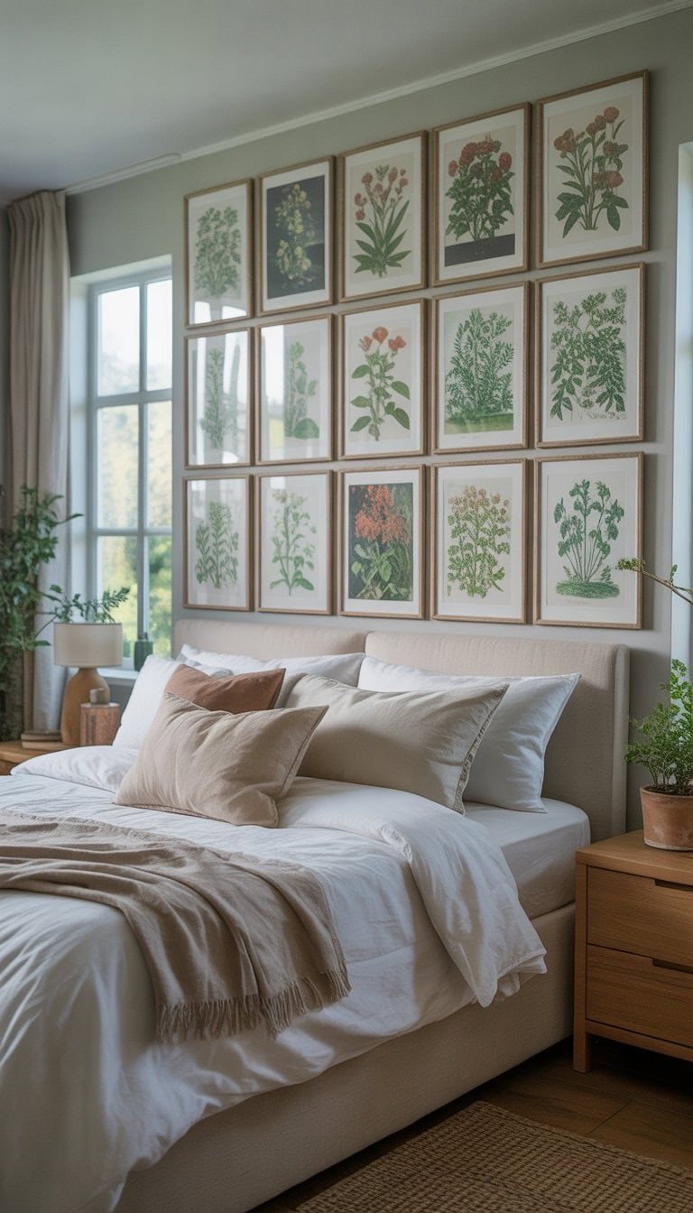 A master bedroom with a large bed and 21 framed botanical art prints arranged on the wall above it, surrounded by natural light and indoor plants.