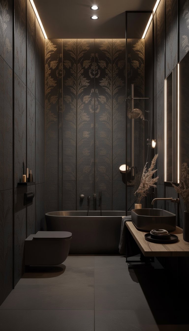 A dark bathroom with a bathtub, metallic patterned wallpaper, and soft lighting.