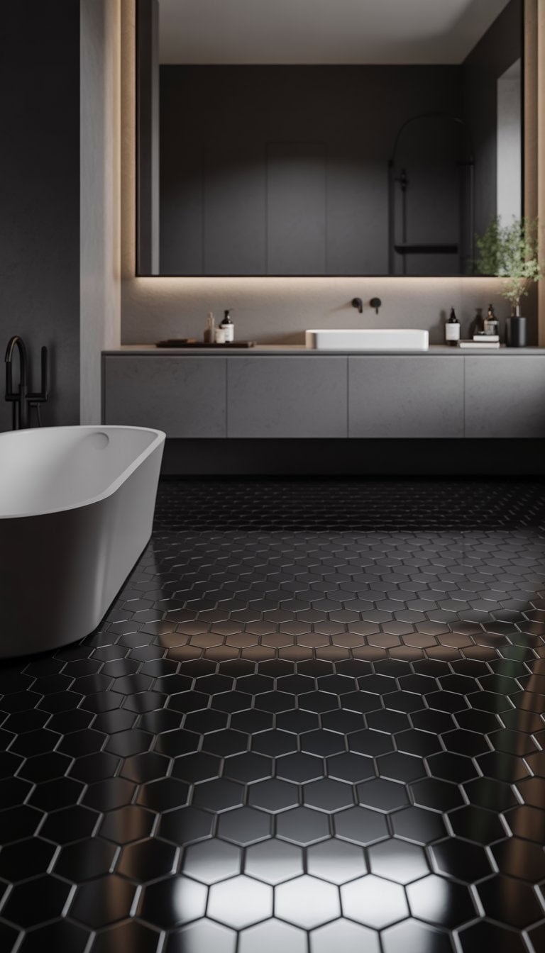A modern bathroom with glossy black hexagonal floor tiles, a white freestanding bathtub, and dark walls.