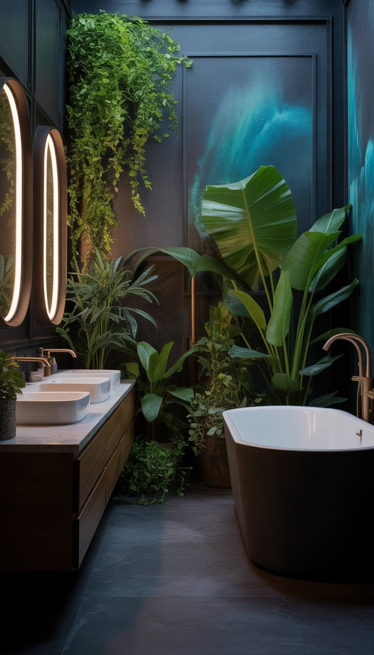 A modern bathroom with dark walls, a freestanding bathtub, and green plants placed around the space.