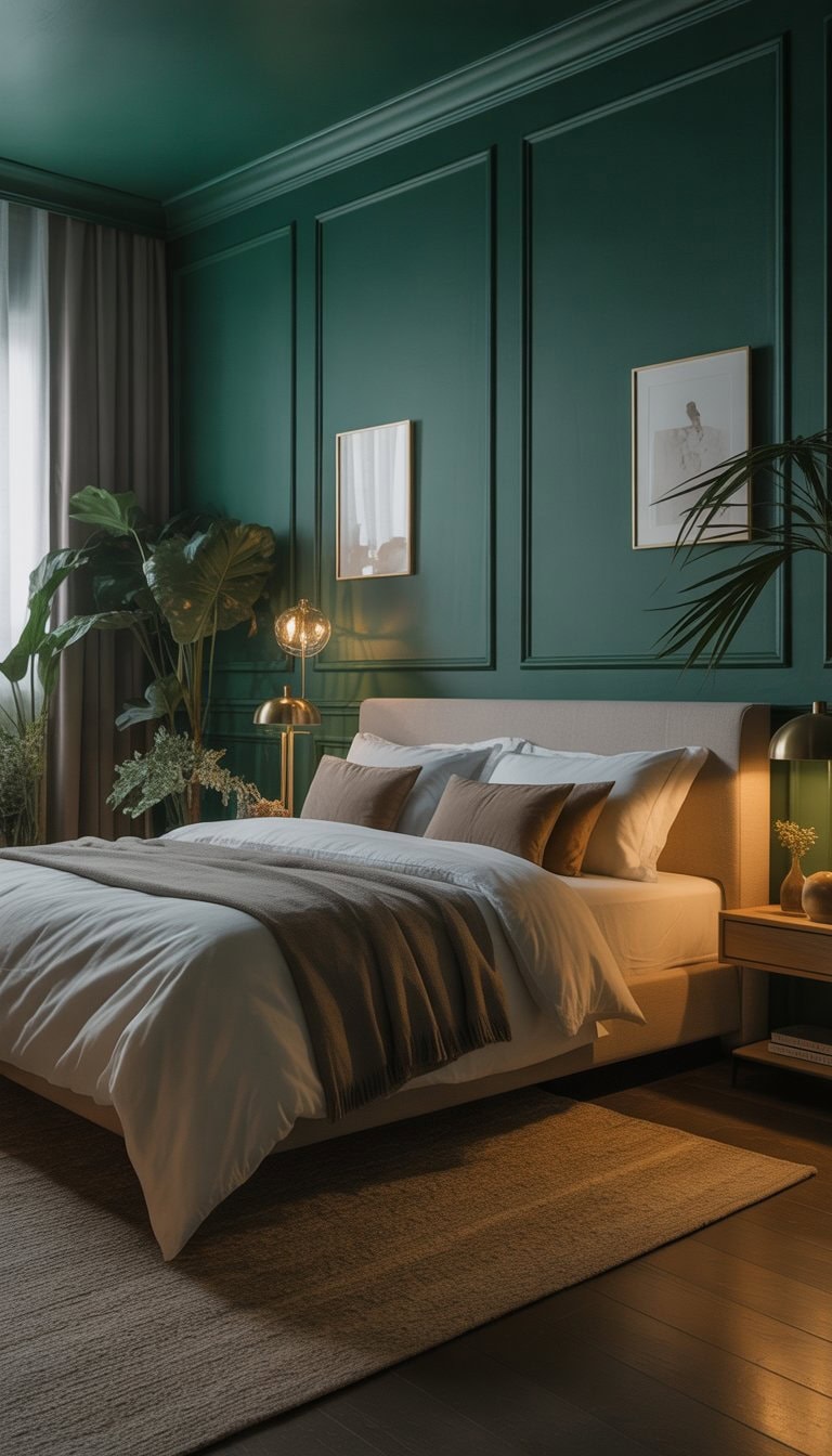 A master bedroom with dark green walls, a neatly made bed, bedside table, indoor plants, and soft natural light.
