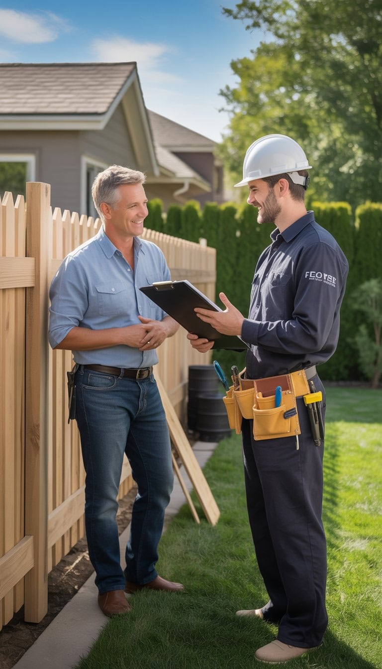 A homeowner and a fence contractor talking near a partially built wooden fence in a backyard.