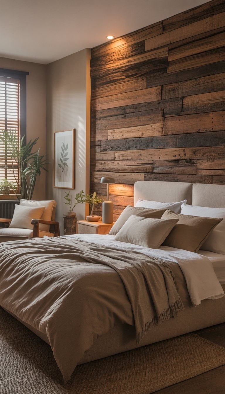 A master bedroom with a wooden accent wall, a bed with neutral bedding, a bedside table with a lamp, and natural light coming through a window.