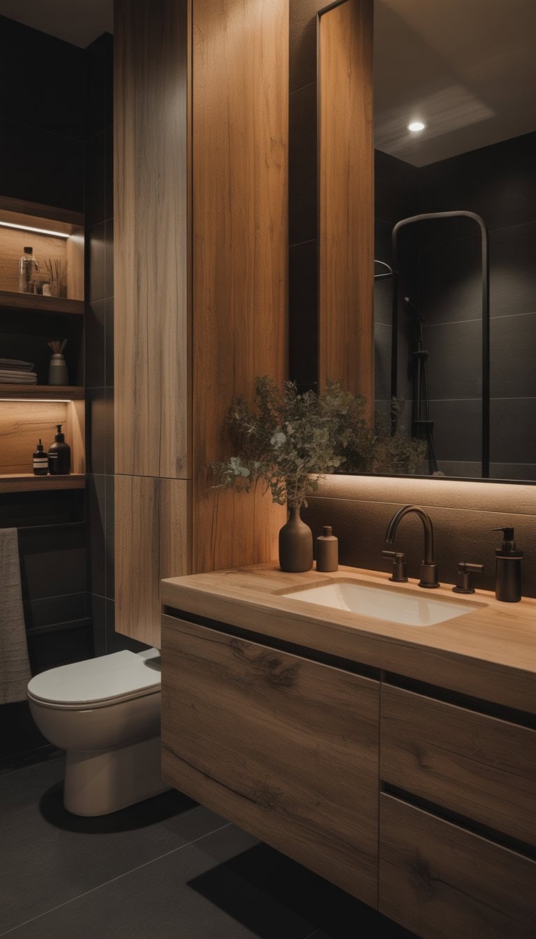 A bathroom with dark walls and warm wooden accents, featuring a wooden vanity, mirror, sink, and soft lighting.