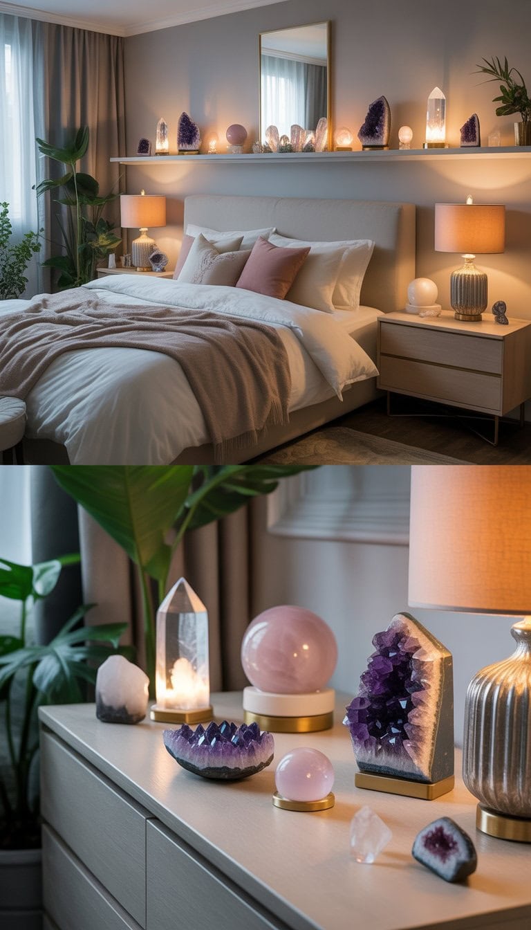 A master bedroom with a large bed surrounded by various mystical crystal décor pieces, soft natural light, and calming neutral tones.