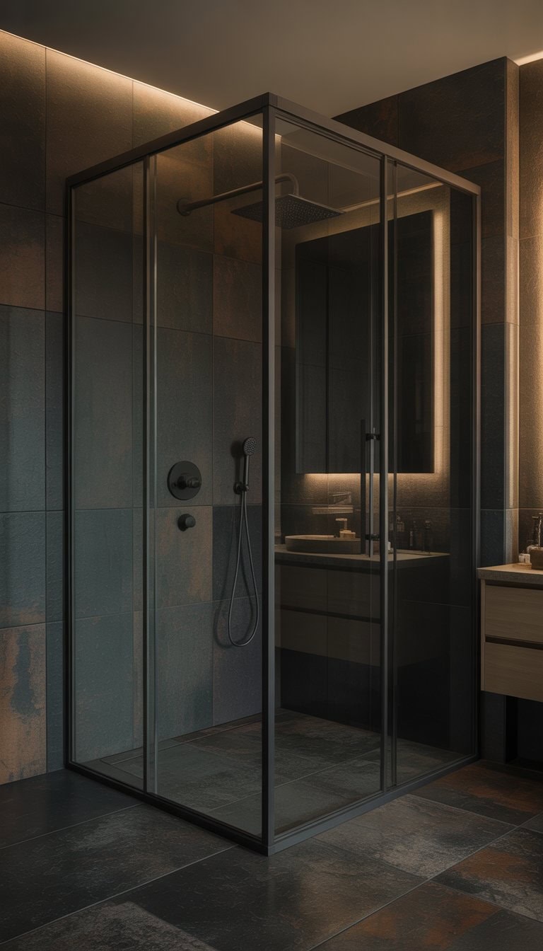 A bathroom with a frameless glass shower with black trim, dark tiled walls, and modern fixtures.
