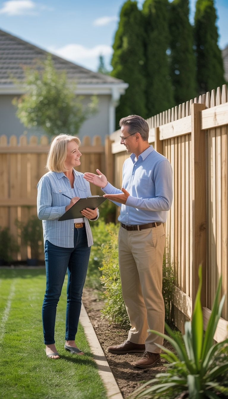 A homeowner and a fence contractor discussing a newly installed wooden fence in a sunny backyard.
