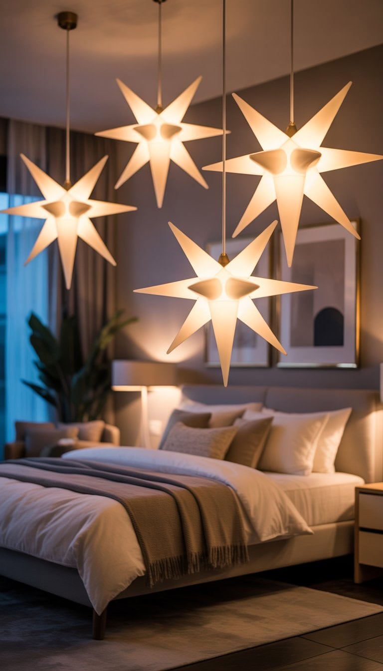 Master bedroom with star-shaped pendant lights hanging from the ceiling above a neatly made bed.