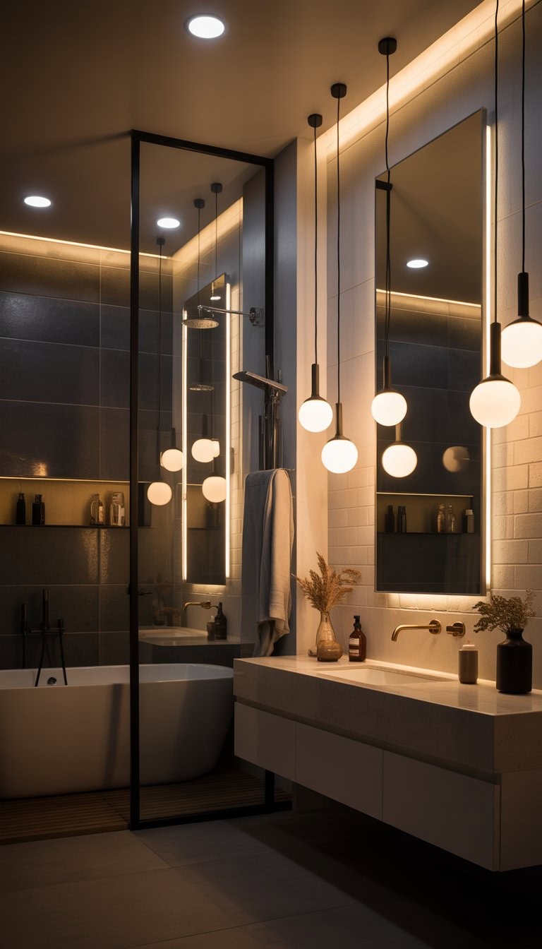 A modern bathroom with layered lighting including pendant lights, wall sconces, and spotlights illuminating the space.