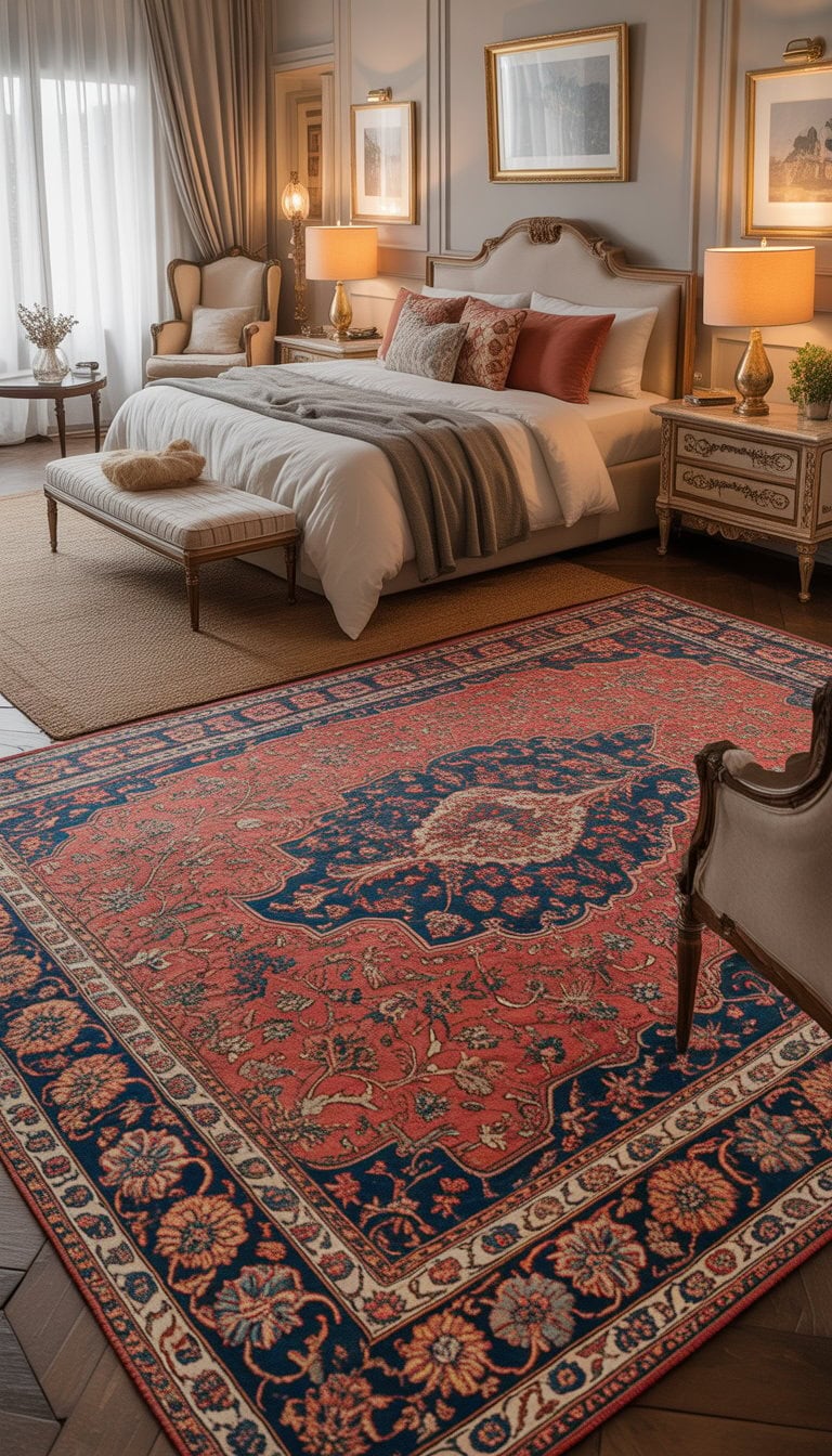 A master bedroom with a bed, vintage rug on the floor, wooden furniture, and soft lighting creating a warm and inviting atmosphere.