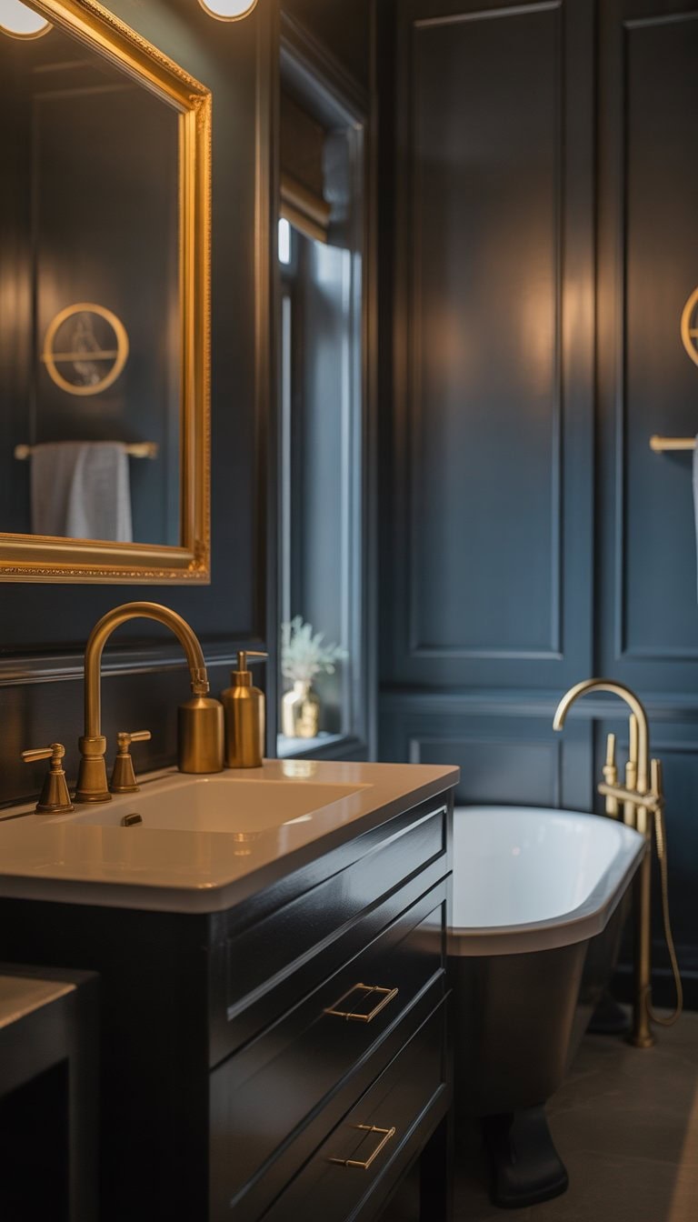 A bathroom with dark walls, a black vanity, gold fixtures, a freestanding bathtub, and decorative accessories.