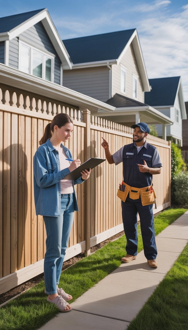 A homeowner and a fence contractor discussing a wooden fence outside a suburban house.