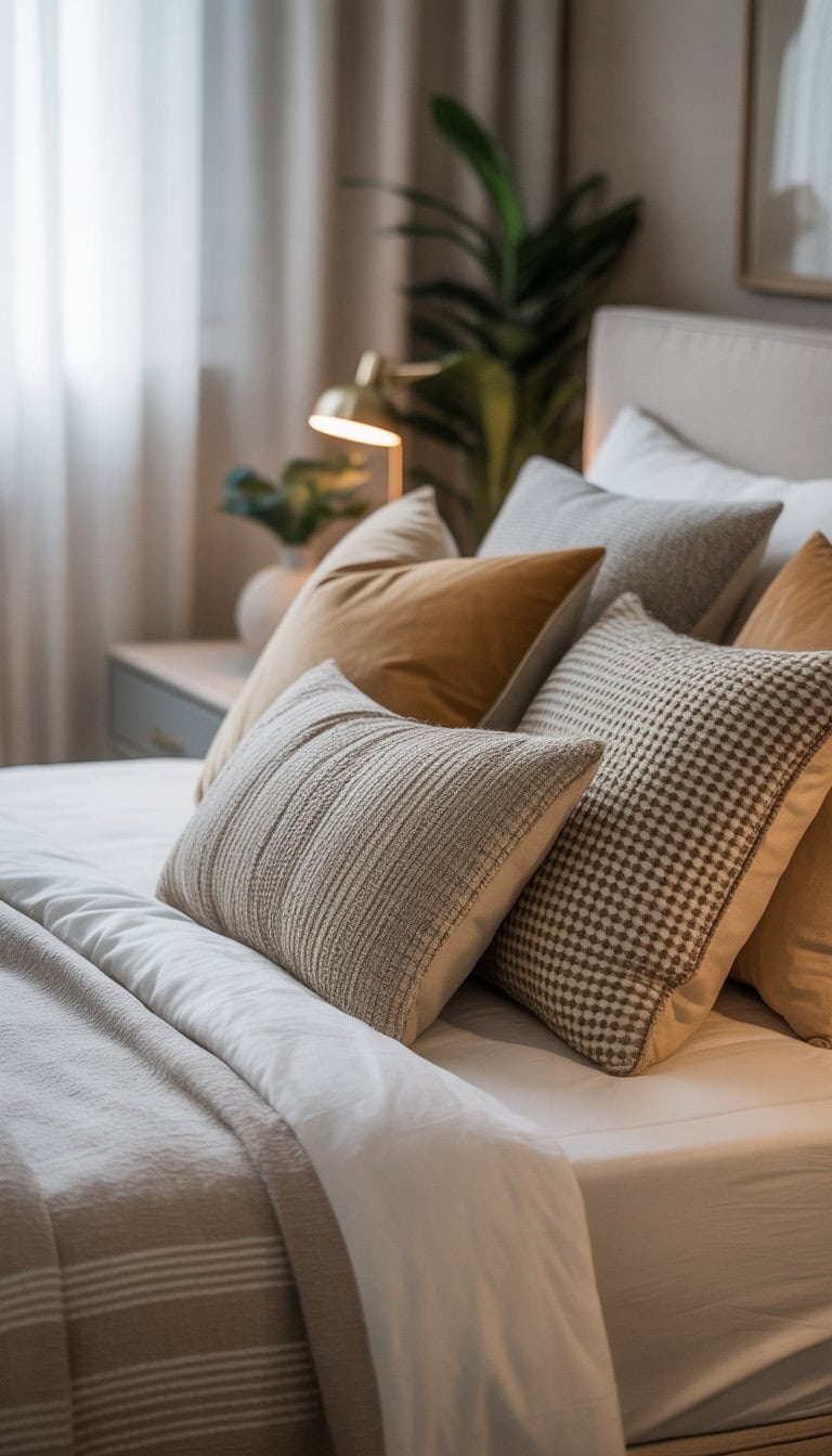 A master bedroom with a bed covered in layered throw pillows and soft bedding, illuminated by natural light.