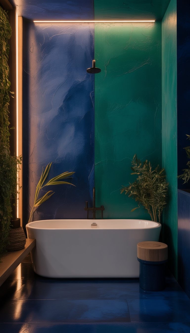 A bathroom with textured deep navy and emerald green walls, a freestanding bathtub, black fixtures, wooden accents, and green plants.