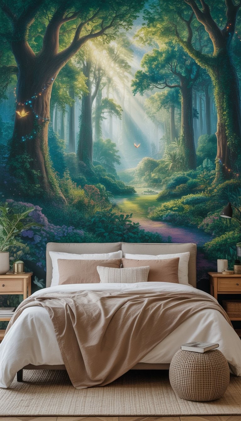 A master bedroom with a large wall mural of a mystical forest, featuring tall trees and soft sunlight filtering through the leaves.