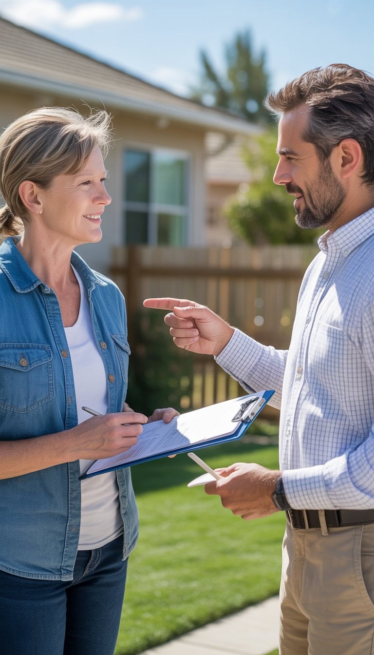 A homeowner talks with a fence contractor outside a suburban house, holding papers and discussing fence installation.