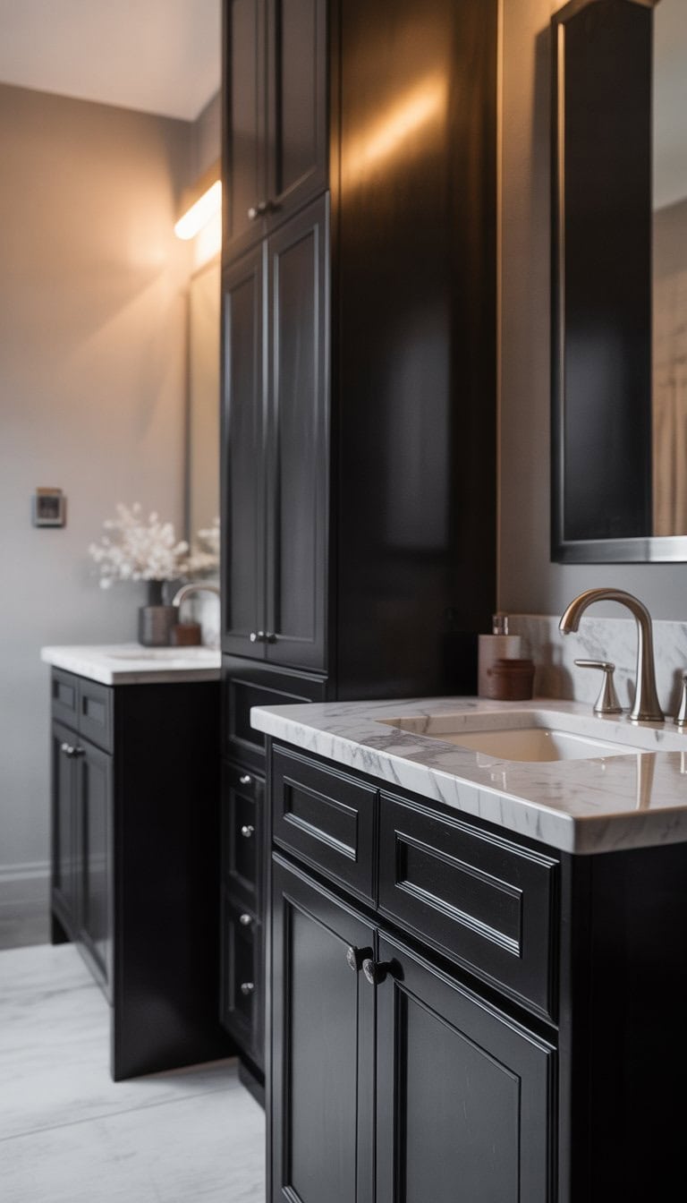 A bathroom with black cabinets and white marble countertops, a large mirror, and modern fixtures.