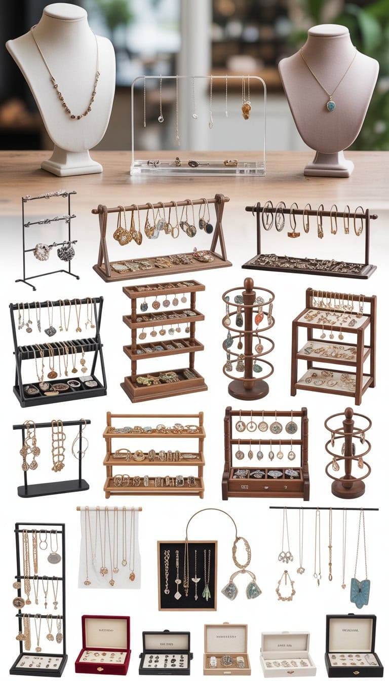 A variety of jewelry display setups showing necklaces, rings, bracelets, and earrings arranged on different stands and holders in a bright market or boutique environment.