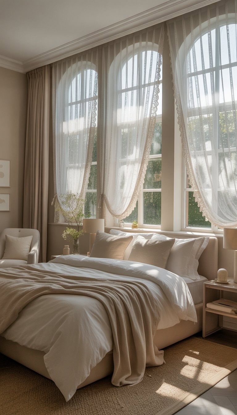 Master bedroom with large windows covered by delicate lace curtains, a king-sized bed, and soft natural light filling the room.