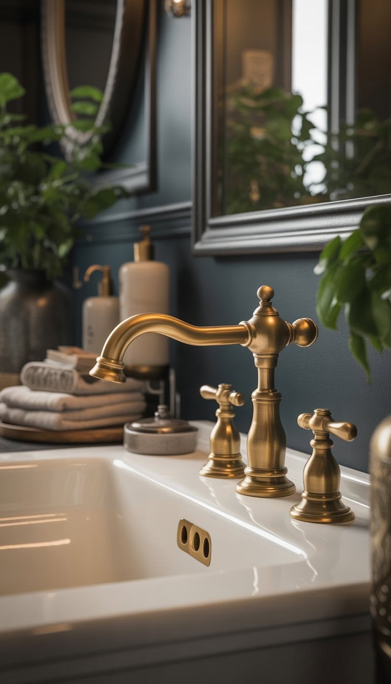 A bathroom sink with vintage brass faucets and dark-colored walls creating a moody atmosphere.