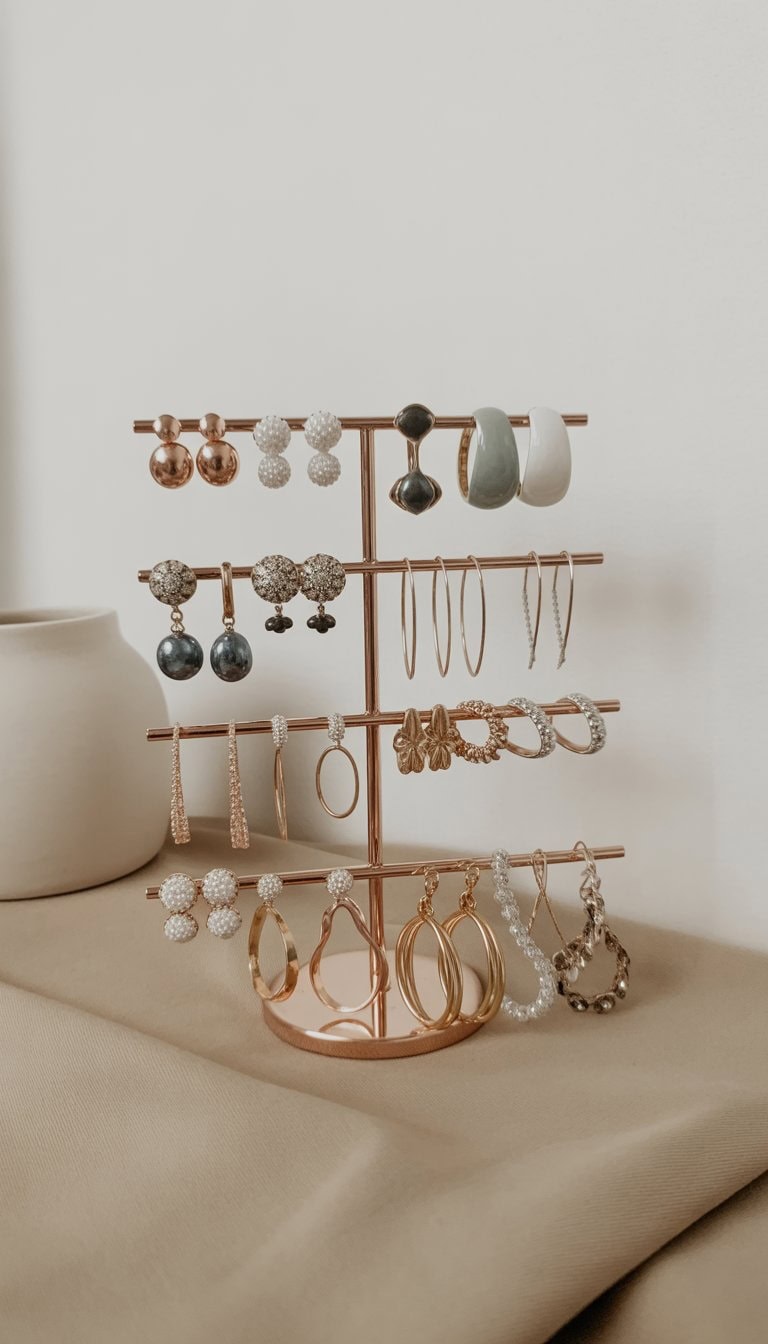 A tiered earring display stand holding various earrings on multiple levels with a clean background.