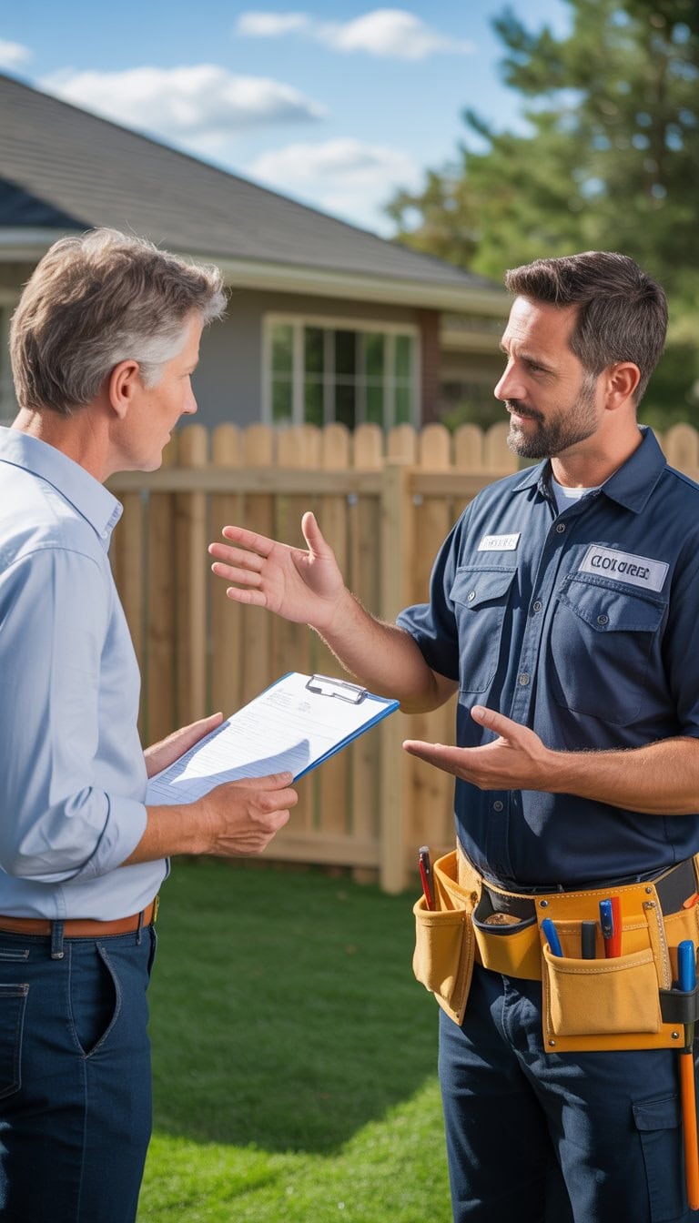 A homeowner talking with a fence contractor in a backyard with a wooden fence in the background.