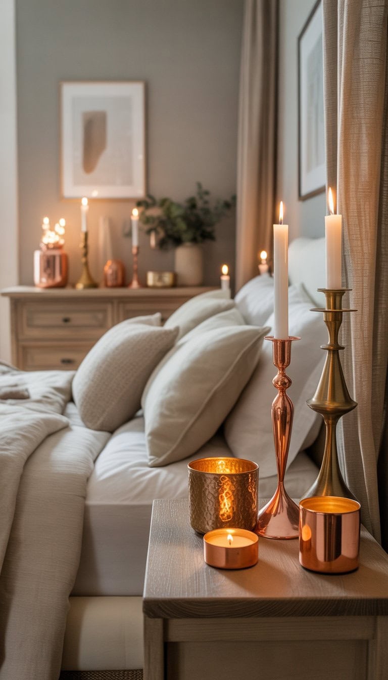 A master bedroom with copper and brass candle holders on bedside tables and a dresser, featuring a cozy bed with white bedding and warm ambient lighting.