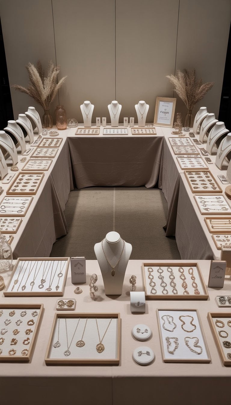 A U-shaped booth with three tables displaying various jewelry pieces arranged neatly in an indoor setting.