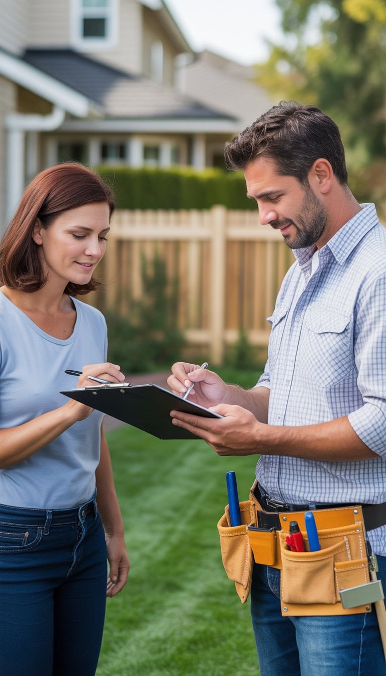 A homeowner and a fence contractor reviewing documents together in a backyard with a newly installed wooden fence.