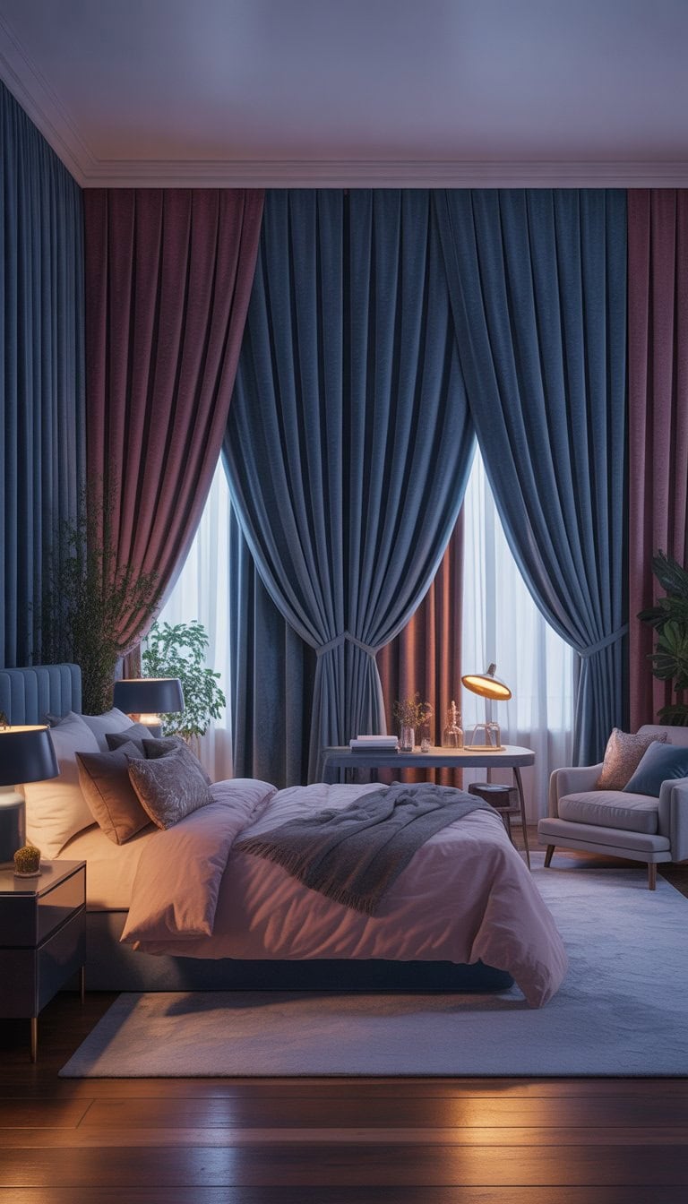 A master bedroom with large velvet curtains framing windows, a king-sized bed with pillows, nightstands with lamps, and a cozy armchair.