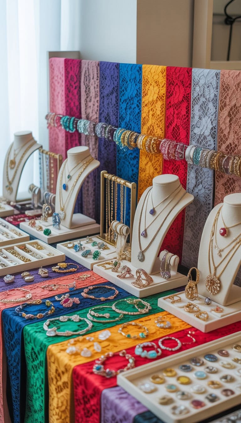 A table displaying various jewelry pieces arranged on colorful lace fabric backdrops.