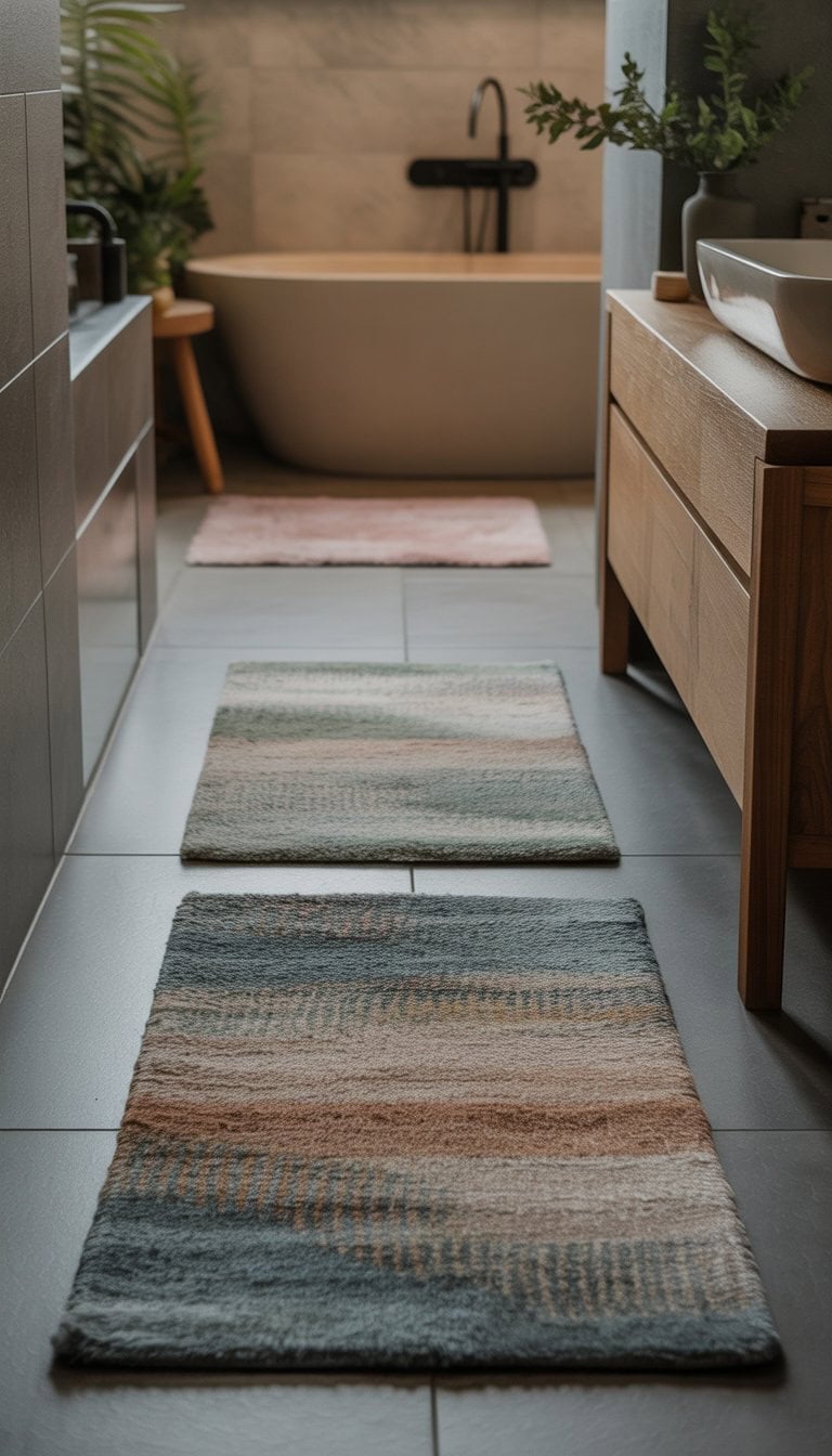 A bathroom with small muted tone area rugs placed near the bathtub and sink, featuring a wooden vanity, freestanding tub, and plants.