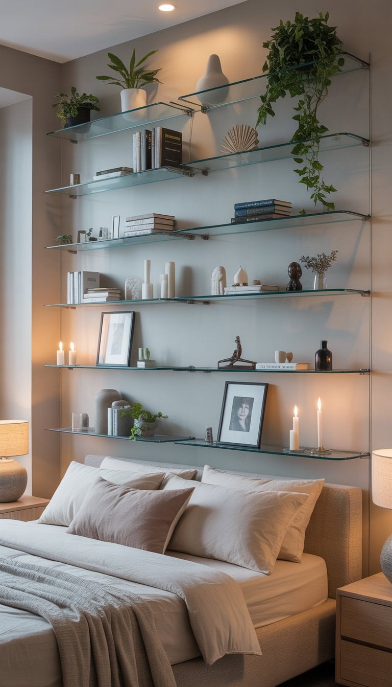 A master bedroom with floating glass shelves displaying plants, books, and decorative items above a neatly made bed.