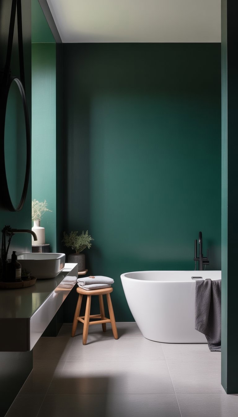 A bathroom with a deep green accent wall, a white freestanding bathtub, black fixtures, a round mirror, and a wooden stool with a plant.