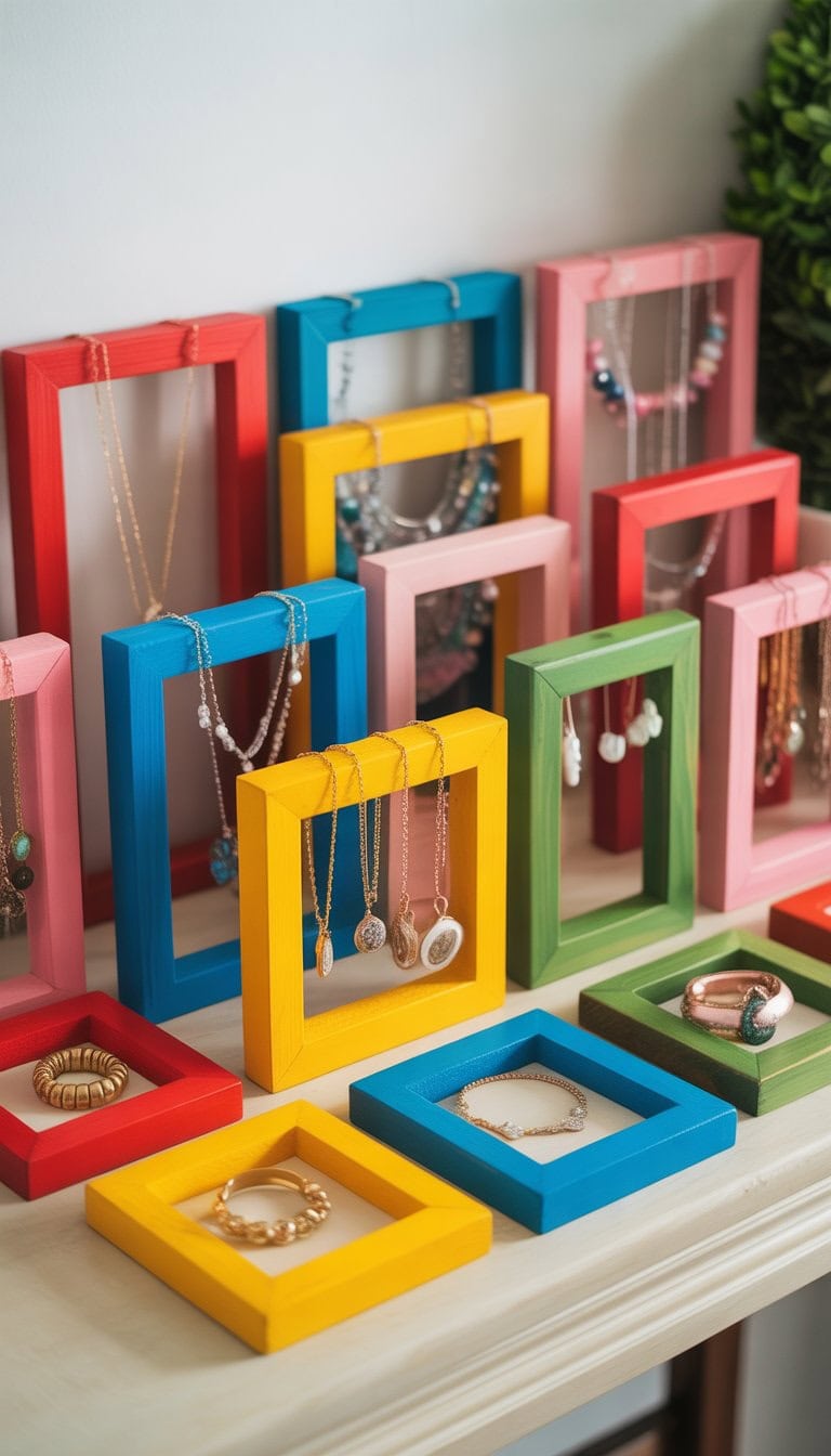 A collection of colorful wooden frames displaying various jewelry pieces like necklaces, bracelets, rings, and earrings arranged on a clean surface.
