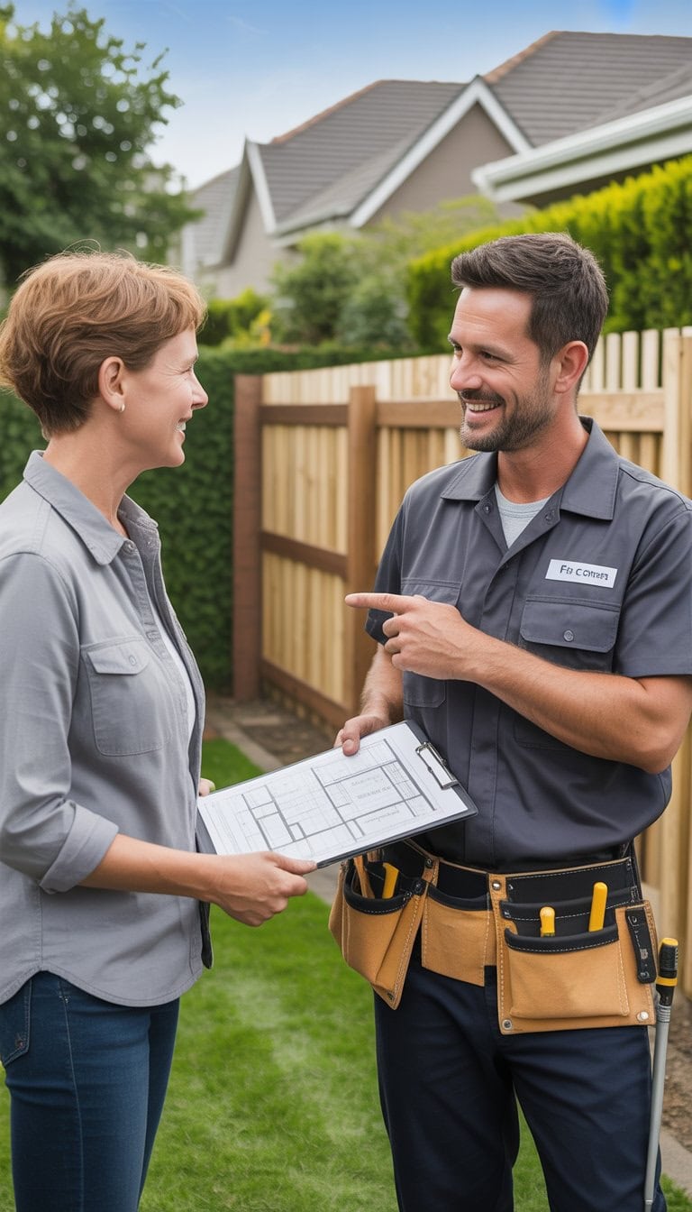 A homeowner and a fence contractor discussing fence installation plans in a backyard with a partially installed wooden fence.